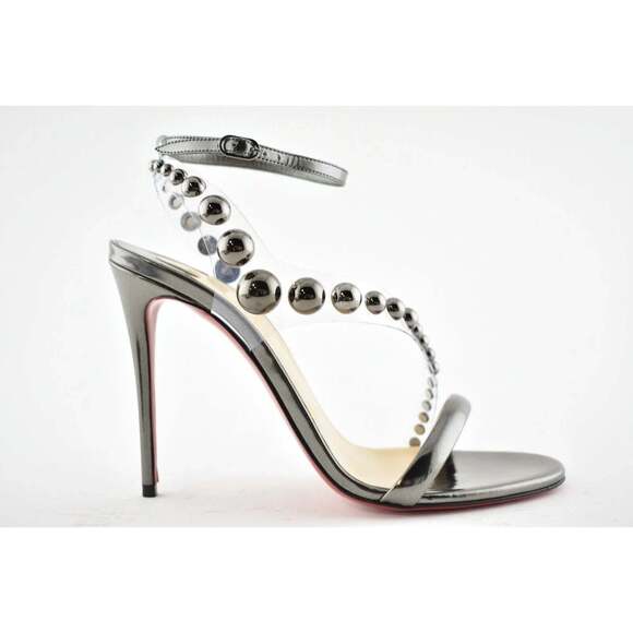 Christian Louboutin Corinetta 100 Gunmetal Patent Strap Sandal Heel Pump 37 - Picture 2 of 11